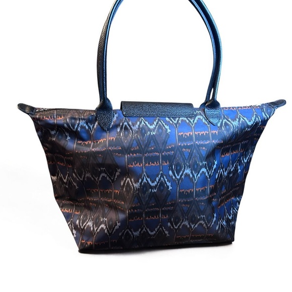 Longchamp Le Pliage Leather Shoulder Tote Bag Blue Orange Pattern - Picture 2 of 12